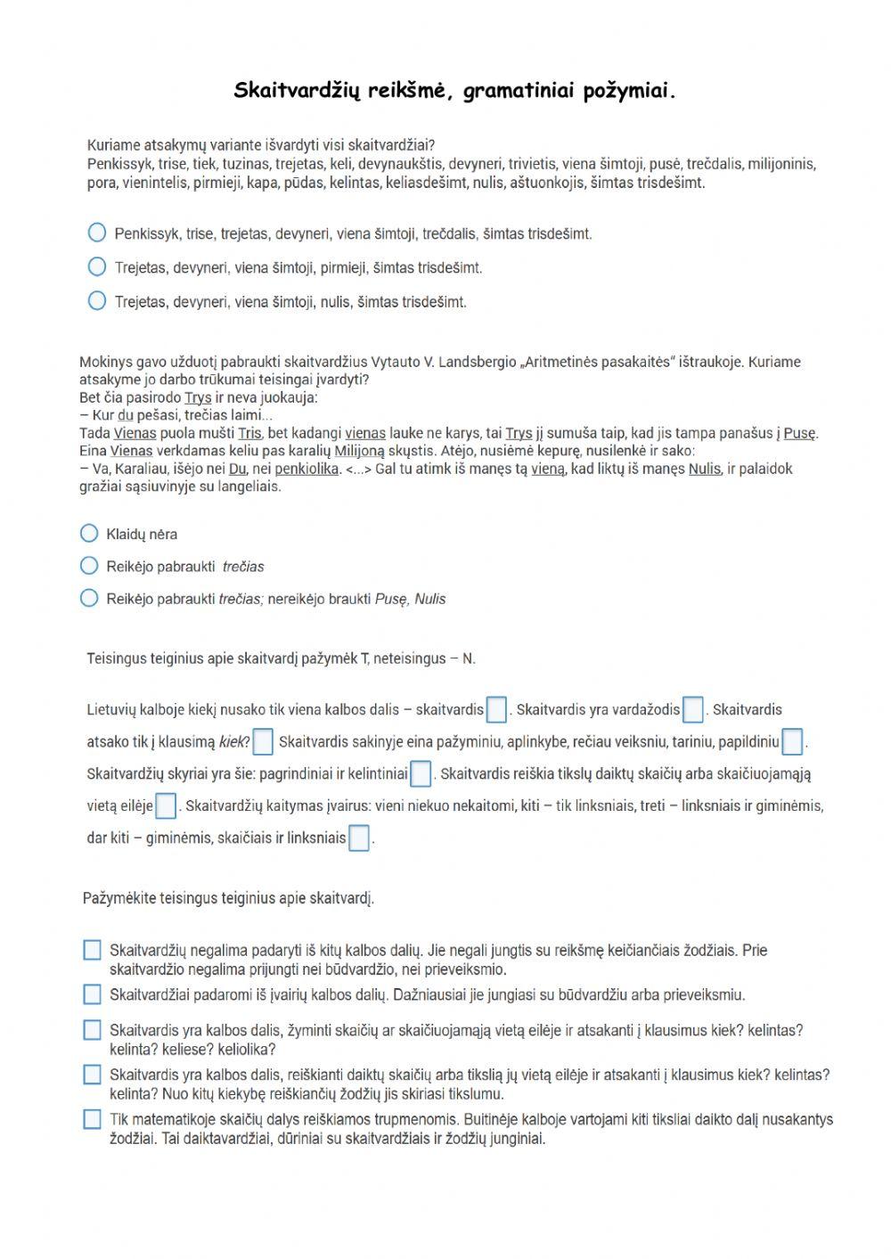 Skaitvardžių reikšmė, gramatiniai požymiai.