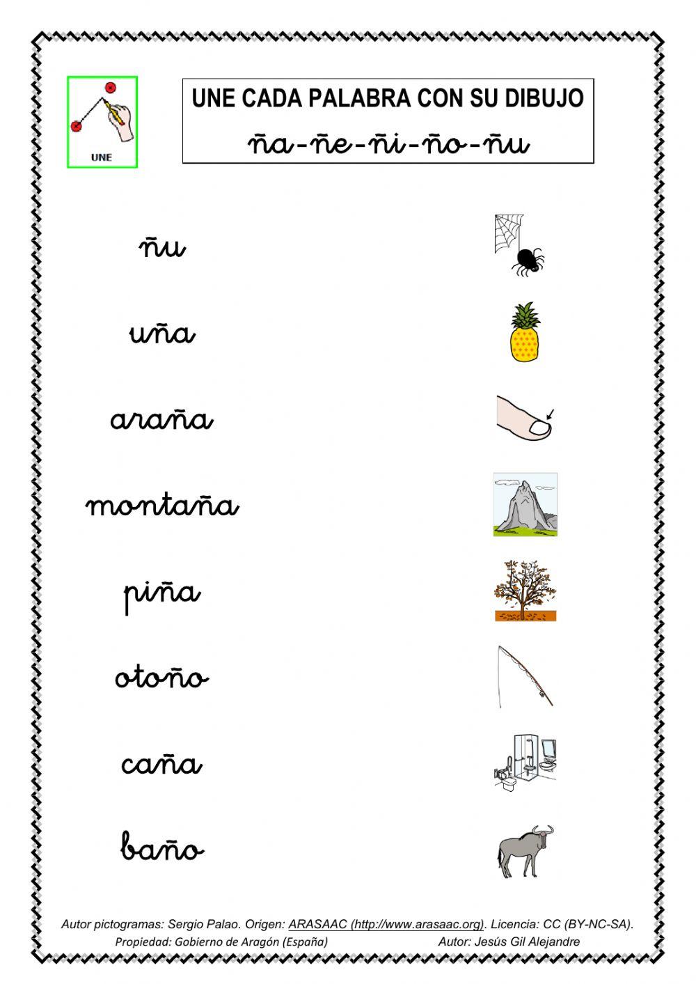 Une palabra y dibujo ña ñe ñi ño ñu minúscula