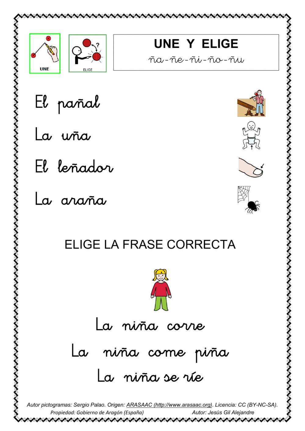 Une cada palabra el dibujo y elige la frase correcta.na ne ni no nu