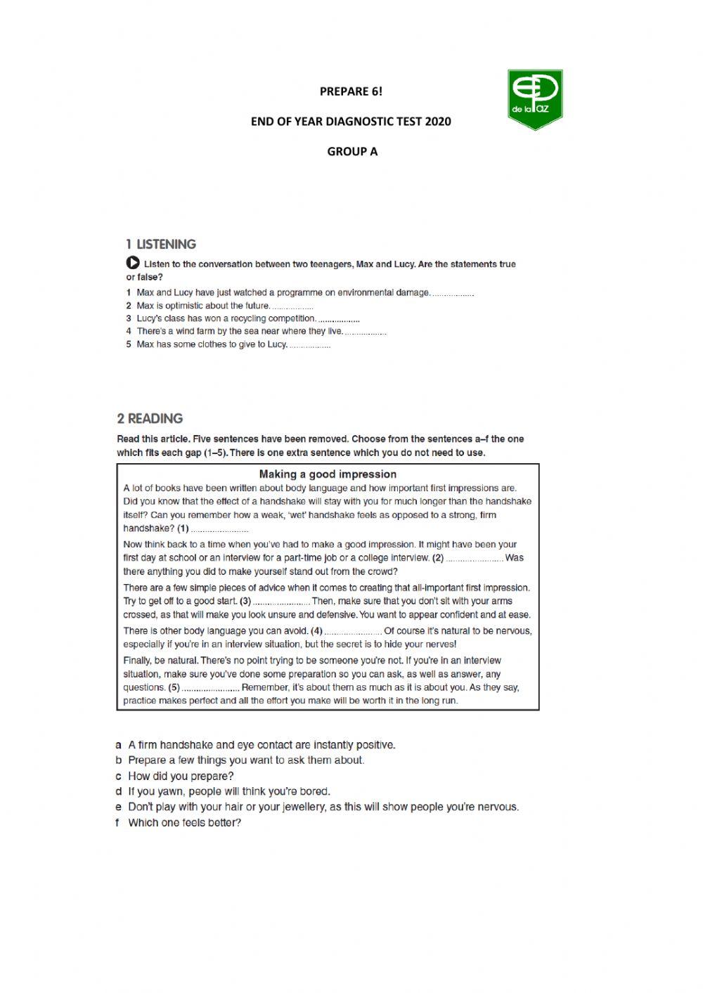 End of year diagnostic test group A