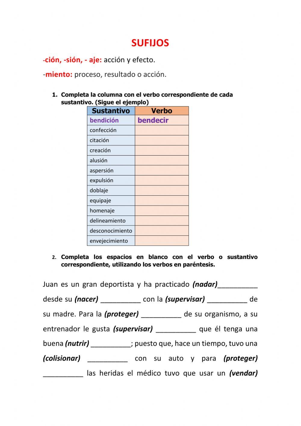 Uso de sufijos -ción, -sión, -aje y -miento