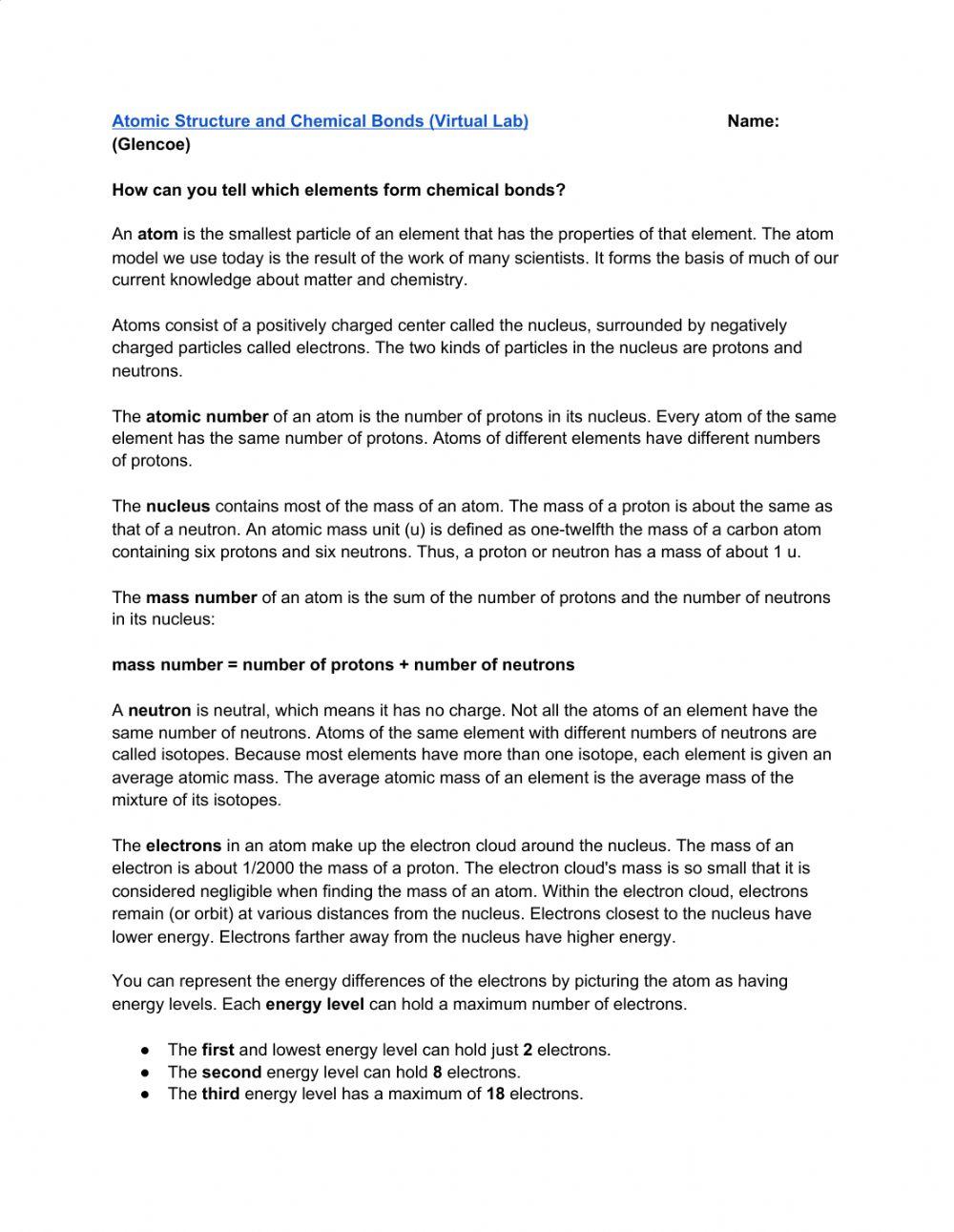 Chemical bonding glencoe virtual lab worksheet live worksheets