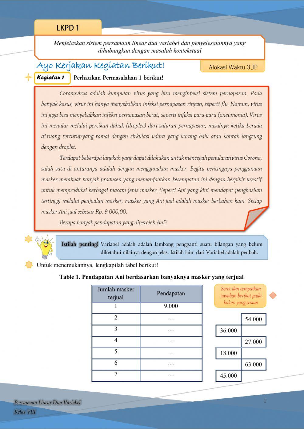LKPD 1 Sistem Persamaan Linear Dua Variabel (SPLDV)