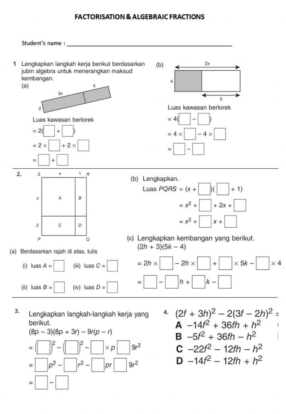 Expansion in factorisation worksheet Live Worksheets