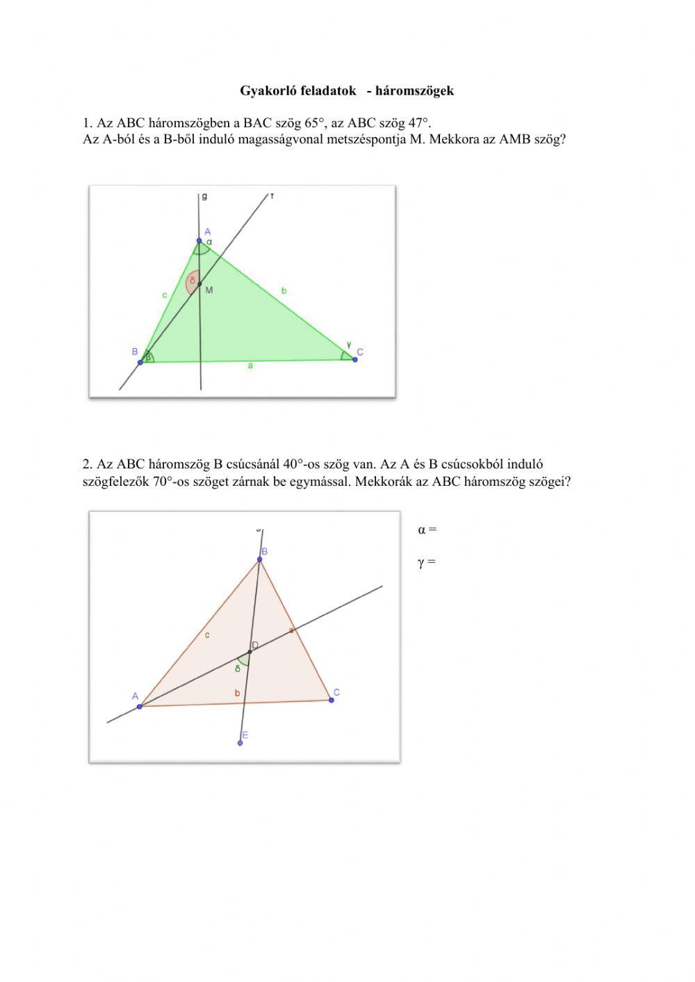 Gyakorló feladatok  -háromszögek szögei 8. oszt