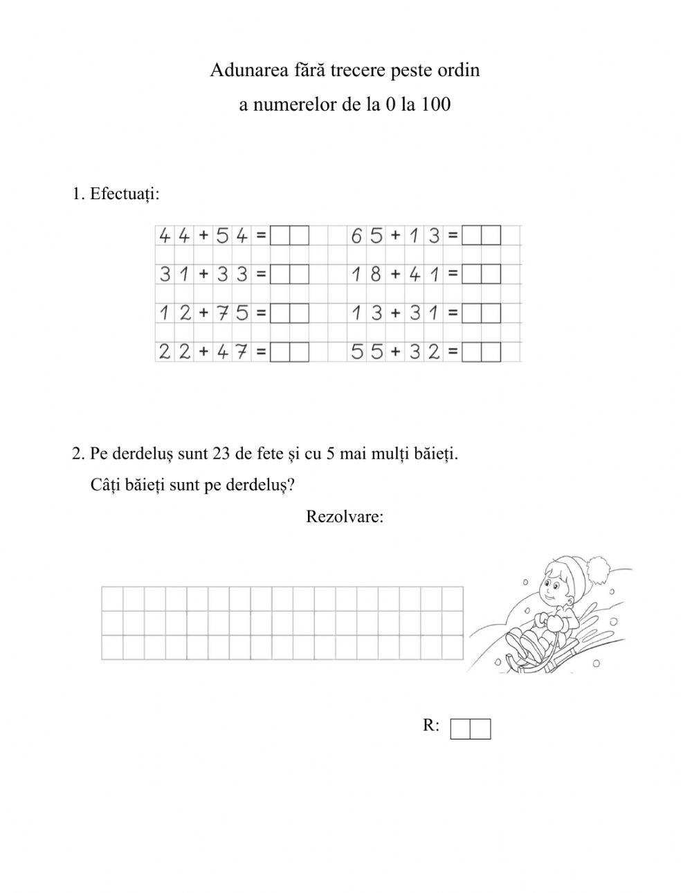 Adunarea numerelor fără trecere peste ordin 0-100