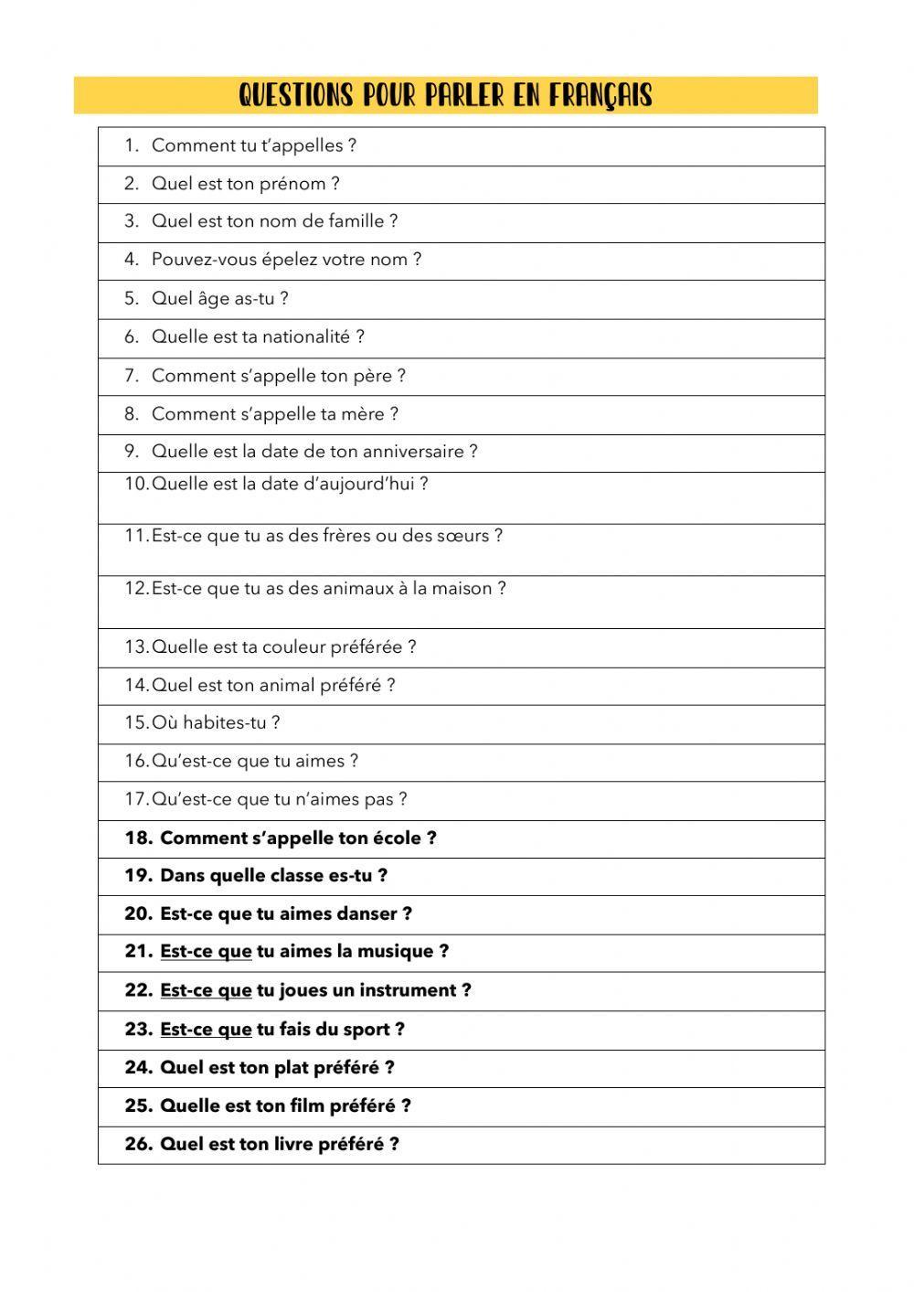 Questions pour parler en français