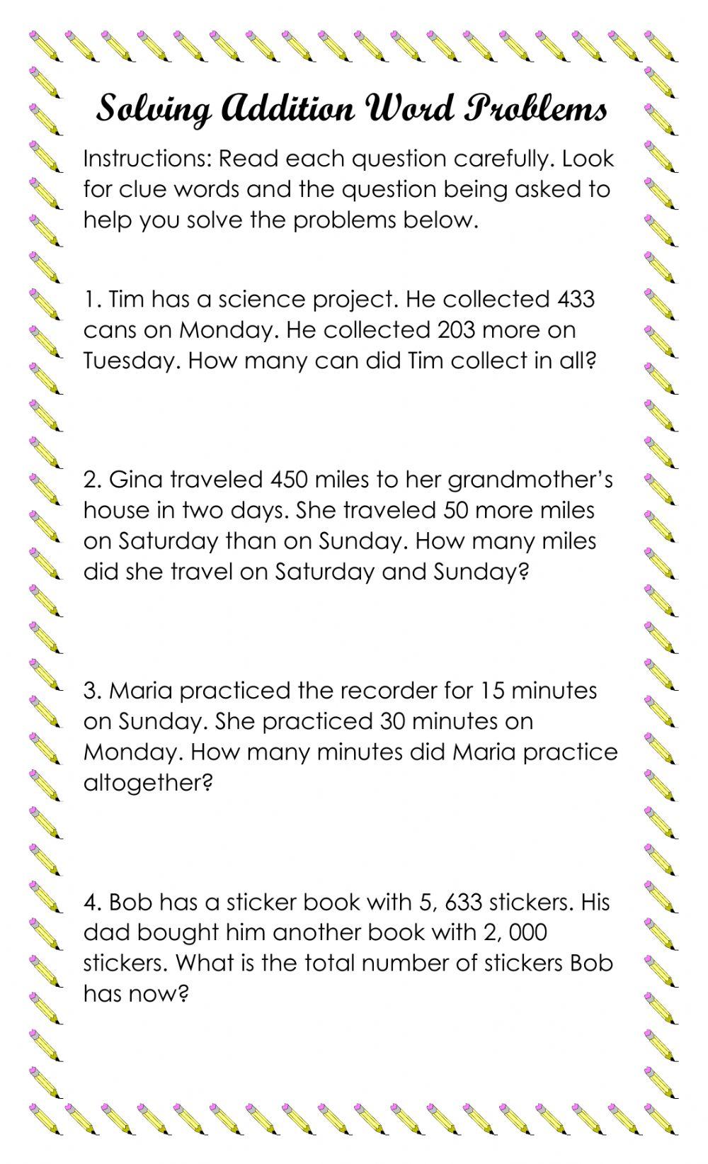 Solving Addition Word Problems worksheet | Live Worksheets