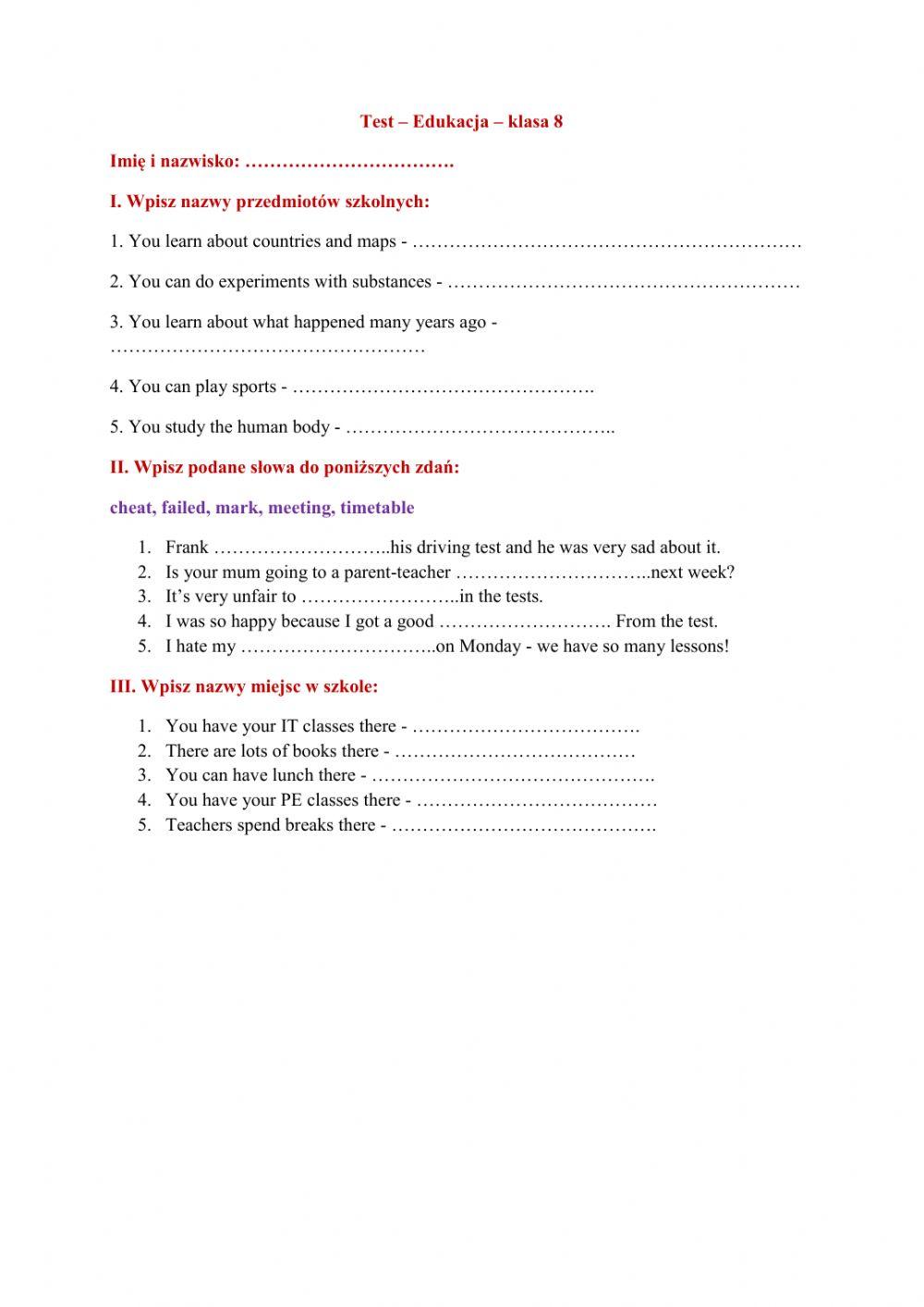 Test Edukacja klasa ósma