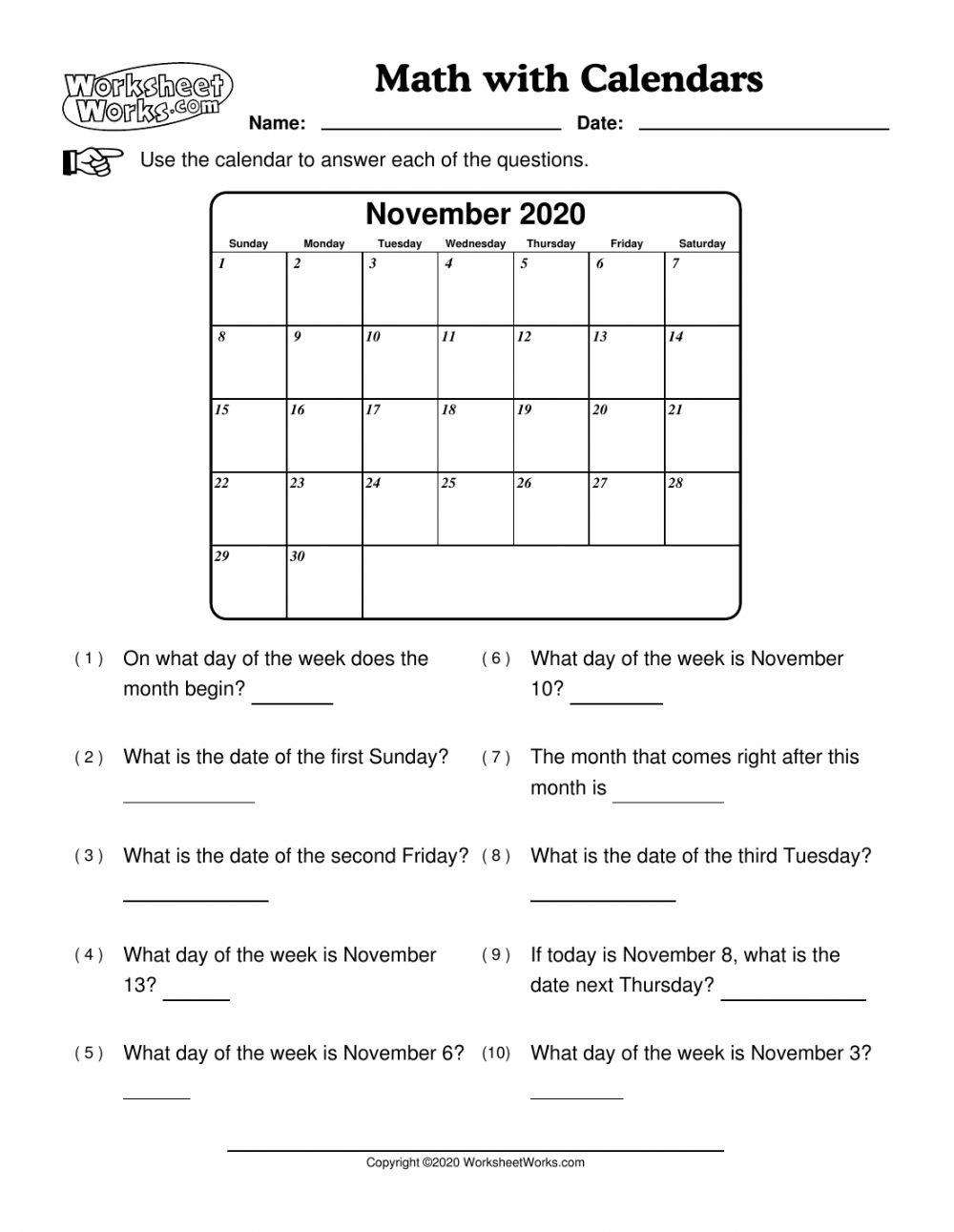 Calendar Math online exercise for Live Worksheets