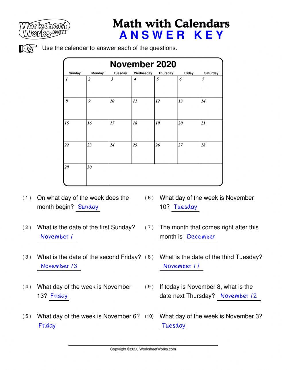 Calendar Math online exercise for Live Worksheets
