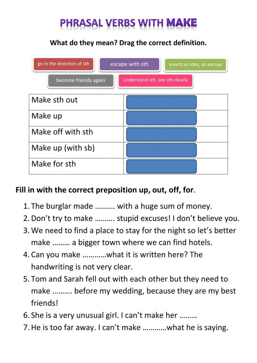Phrasal verbs made. Make Phrasal verbs. Phrasal verb to make. Phrasal verb make Worksheets. Make for Phrasal verb.