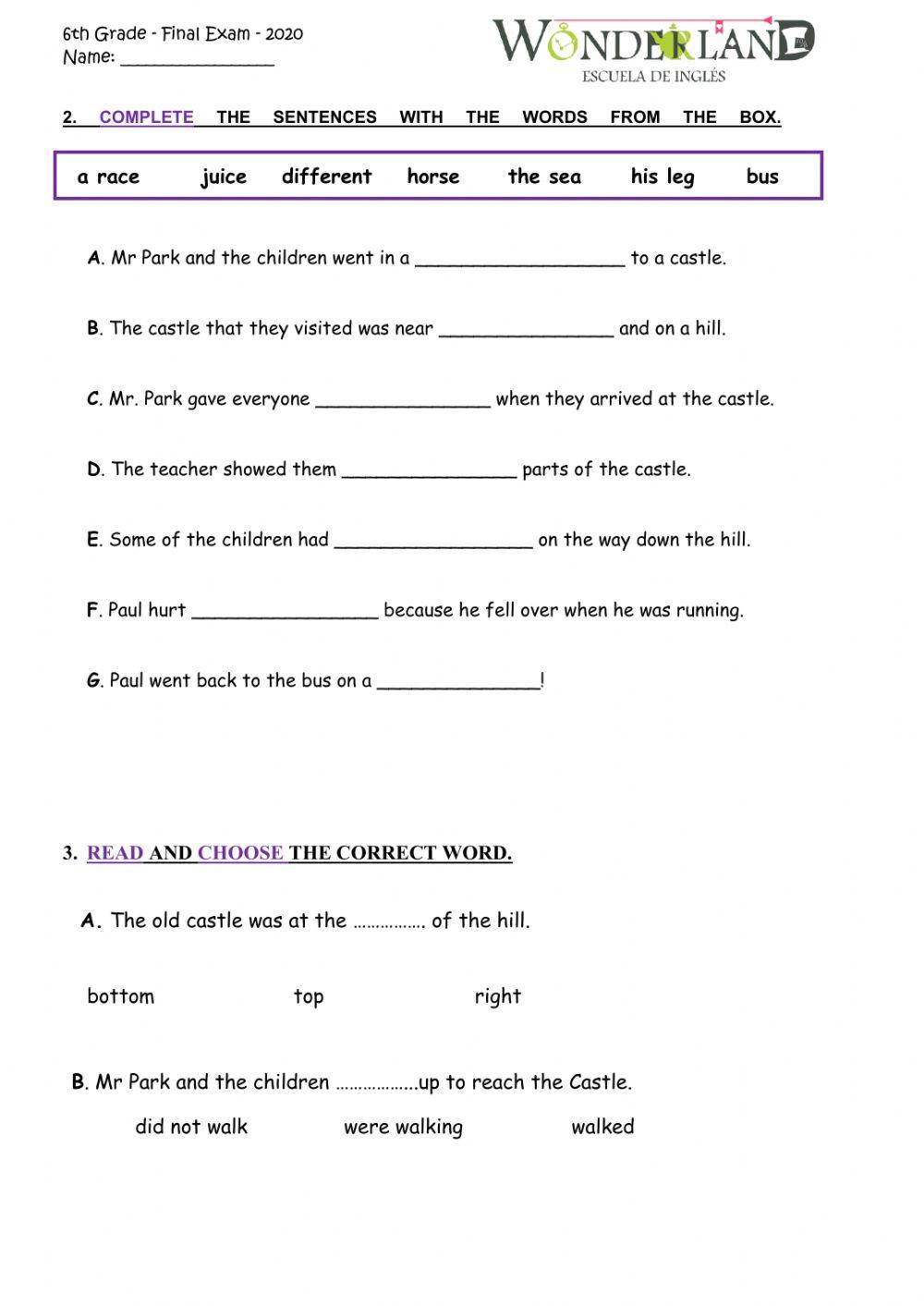 Reading Comprehension Exam 6th - 2020