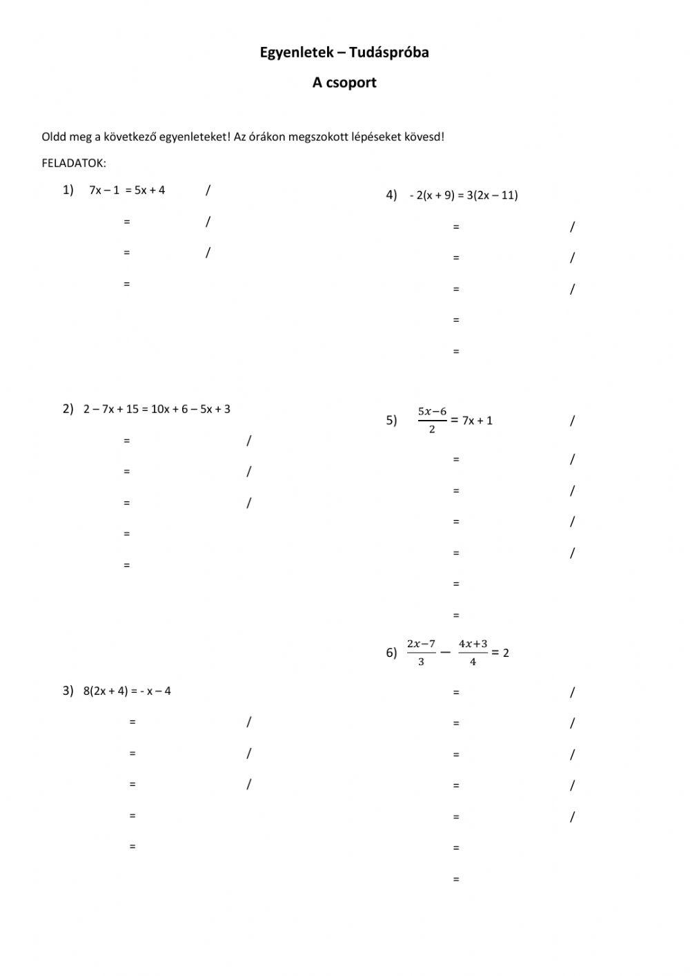 Tudáspróba - egyenletek (A)