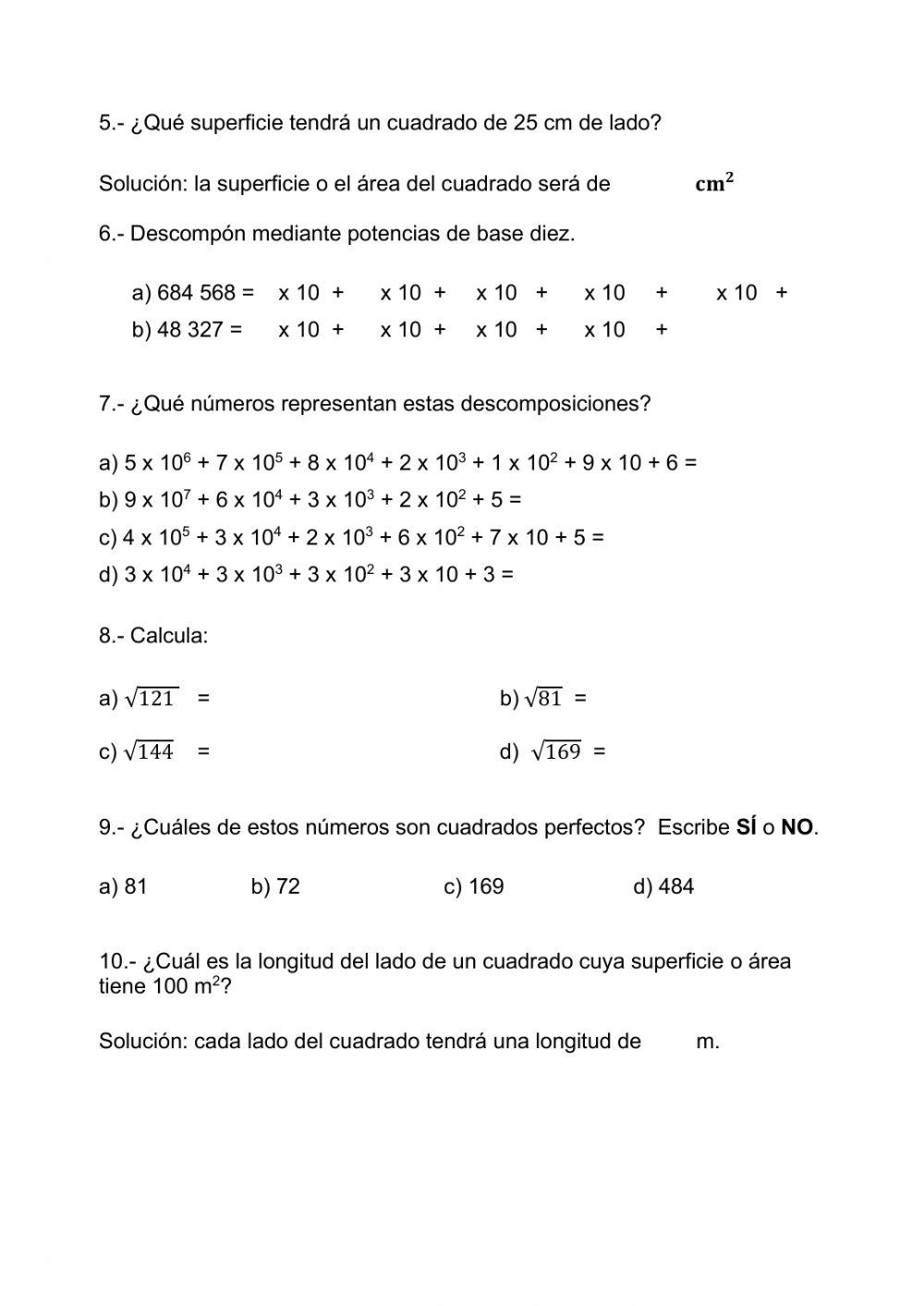 Potencias y raices cuadradas