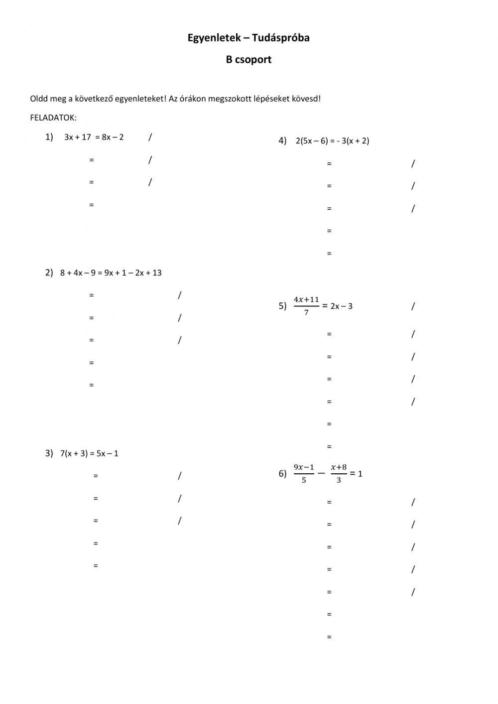 Tudáspróba - egyenletek (B)