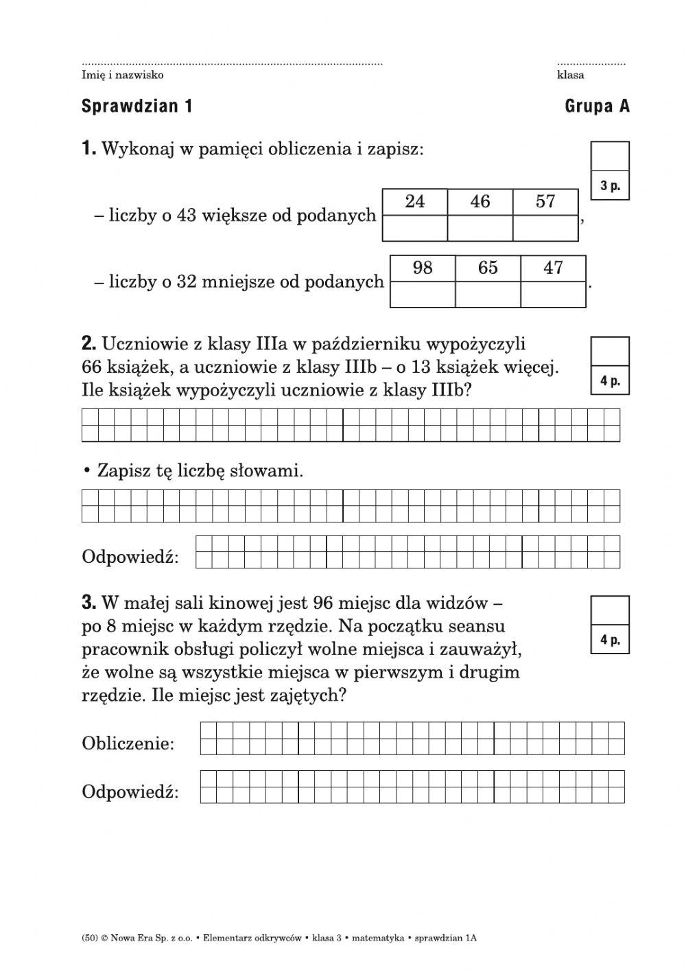 Focus 3 Sprawdzian Unit 1 Sprawdzian 1 matematyka online exercise for | Live Worksheets