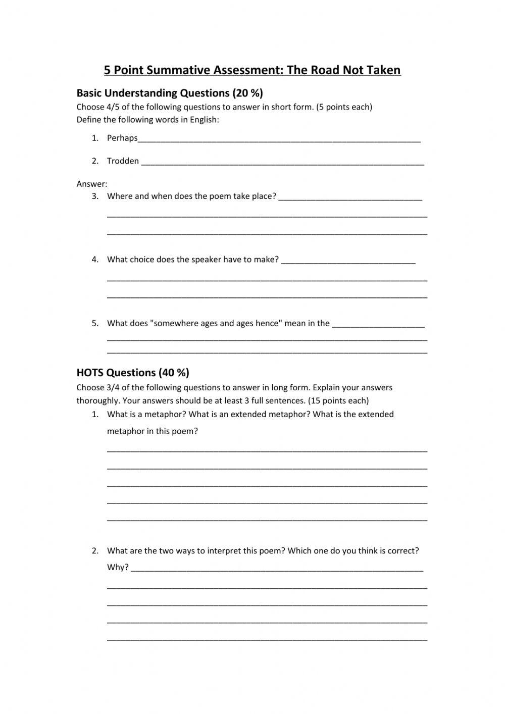 The Road Not Taken Summative Assessment