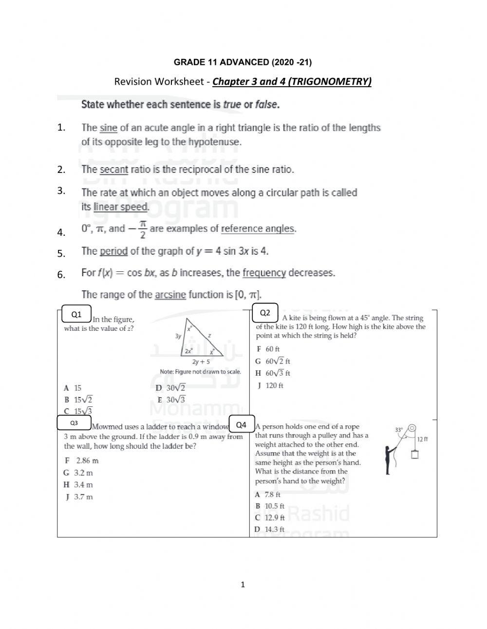 Revision Worksheet - Grade 11 - Ch 3 and 4
