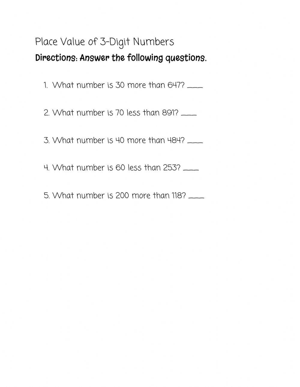 Place Value of 3 digit numbers