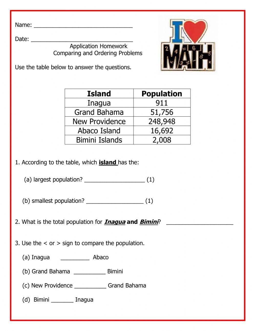 Application Homework-Compare - Order Word Problems