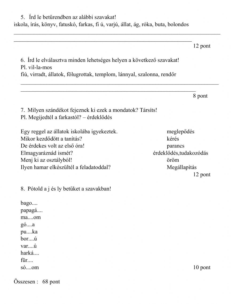 Felmérő: Az állatok iskolája