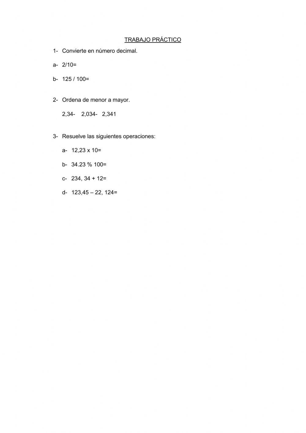 Trabajo práctico de números decimales, operaciones