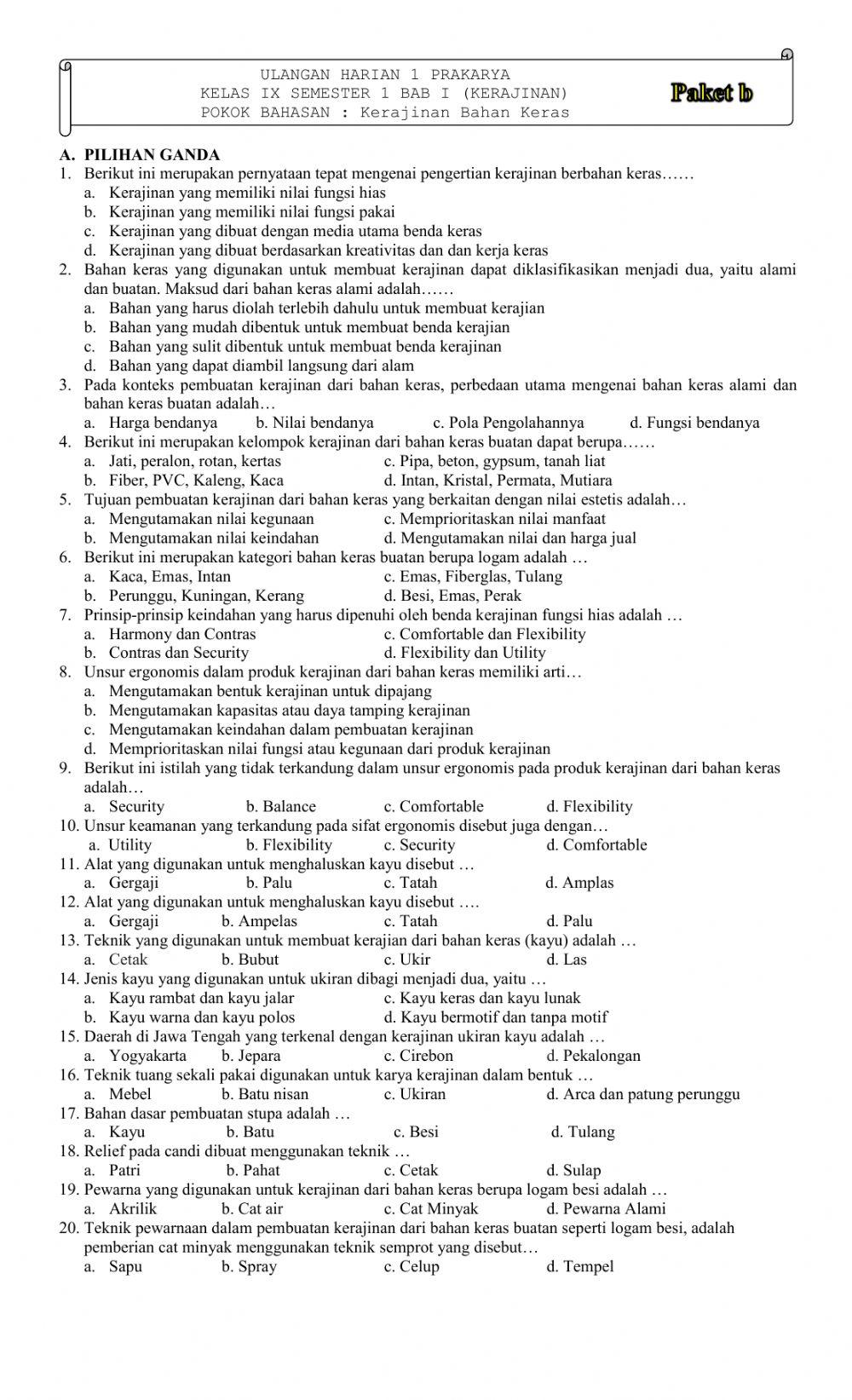 Ulangan Harian bab 1 paket B Prakarya