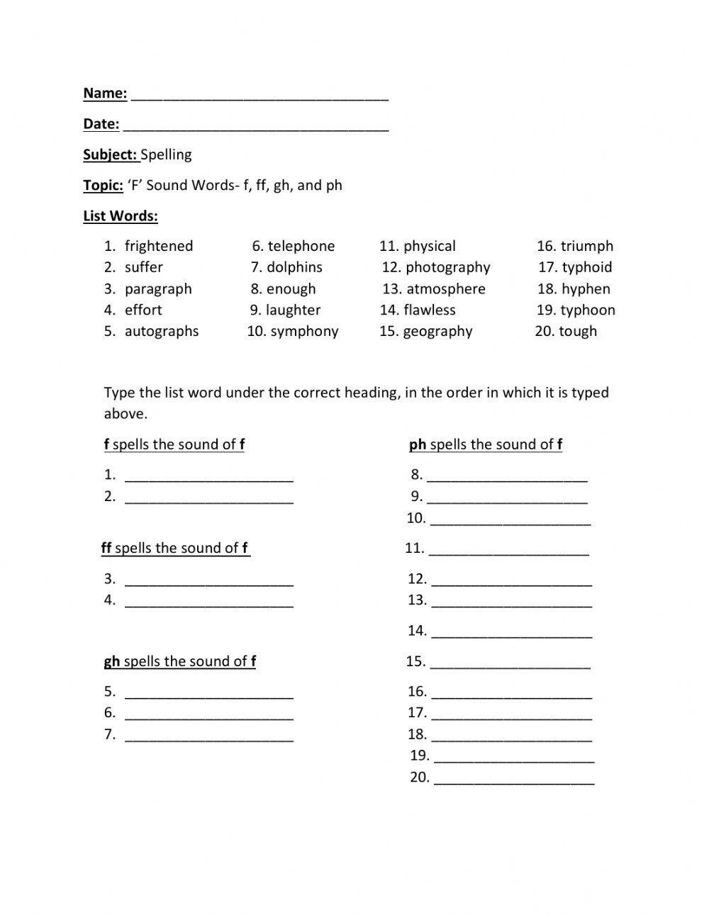 Spelling F sound words-f, ff, gh, and ph online exercise for | Live ...