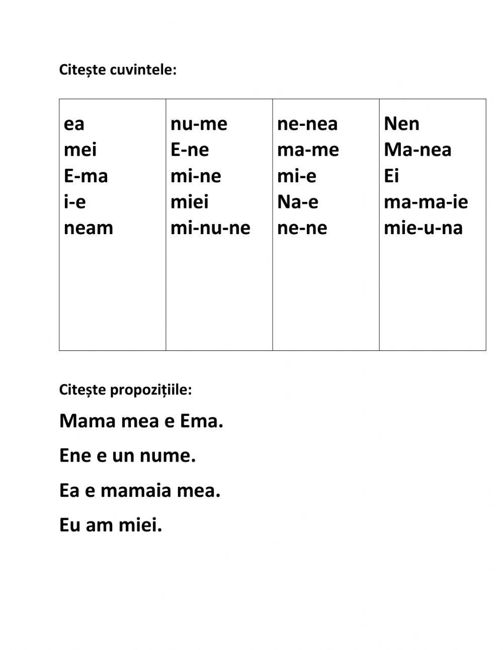 Fișă citire literele a,m,u,n,i,e