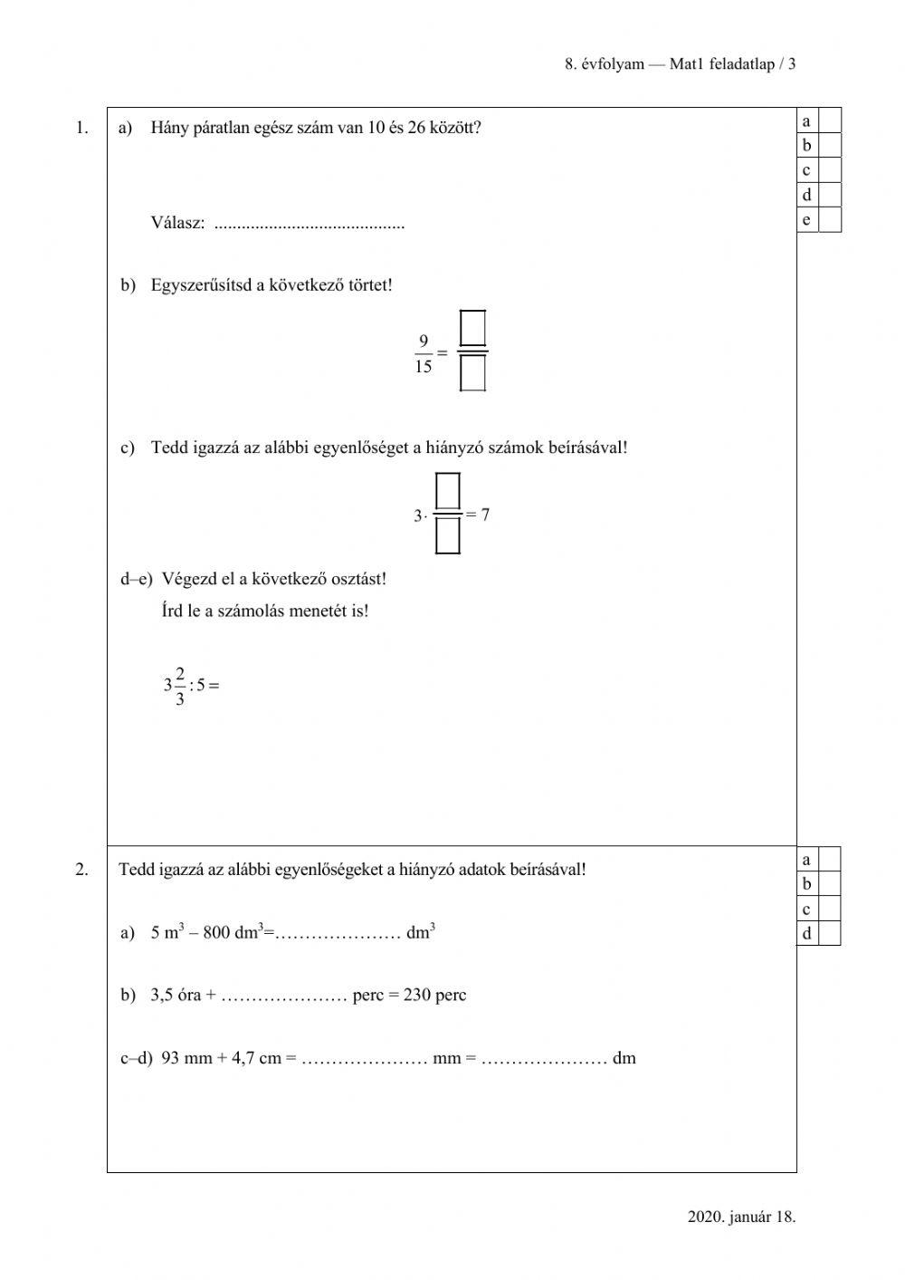 Matek központi 2020 első rész