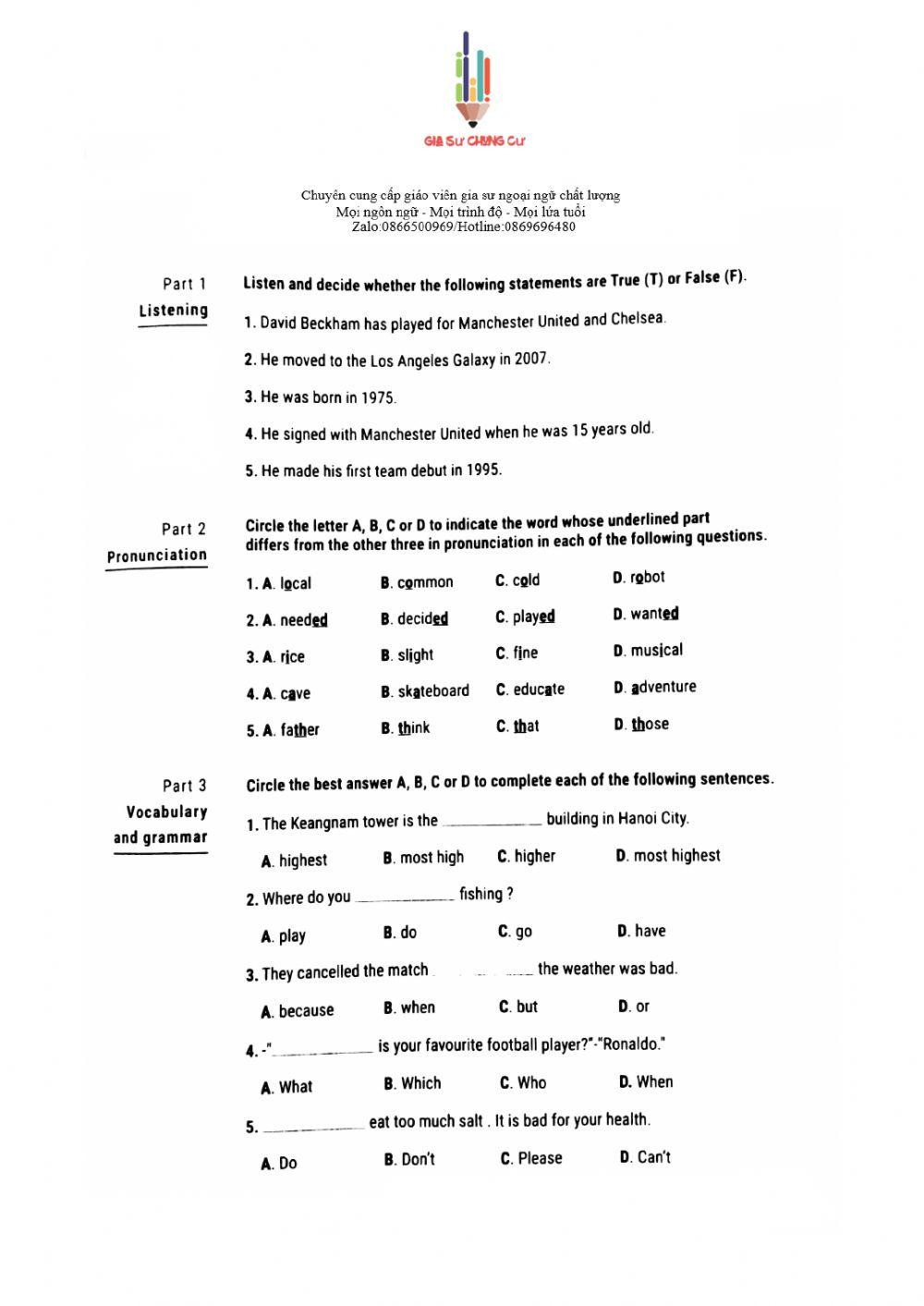 English 6 15' Test 19