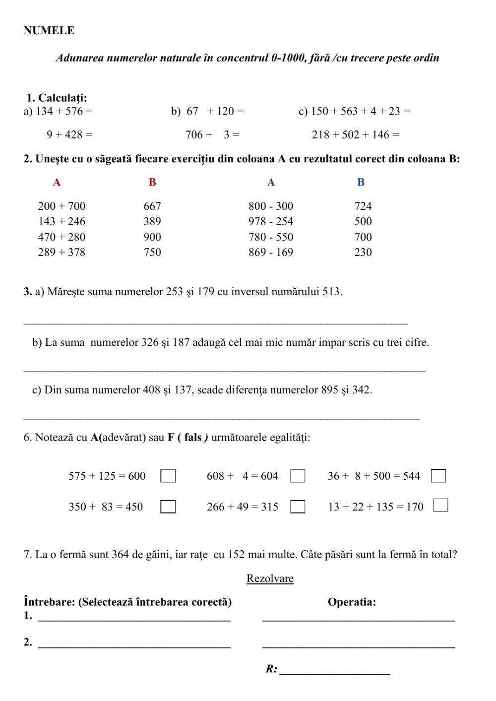 Adunarea si scăderea 0-1000