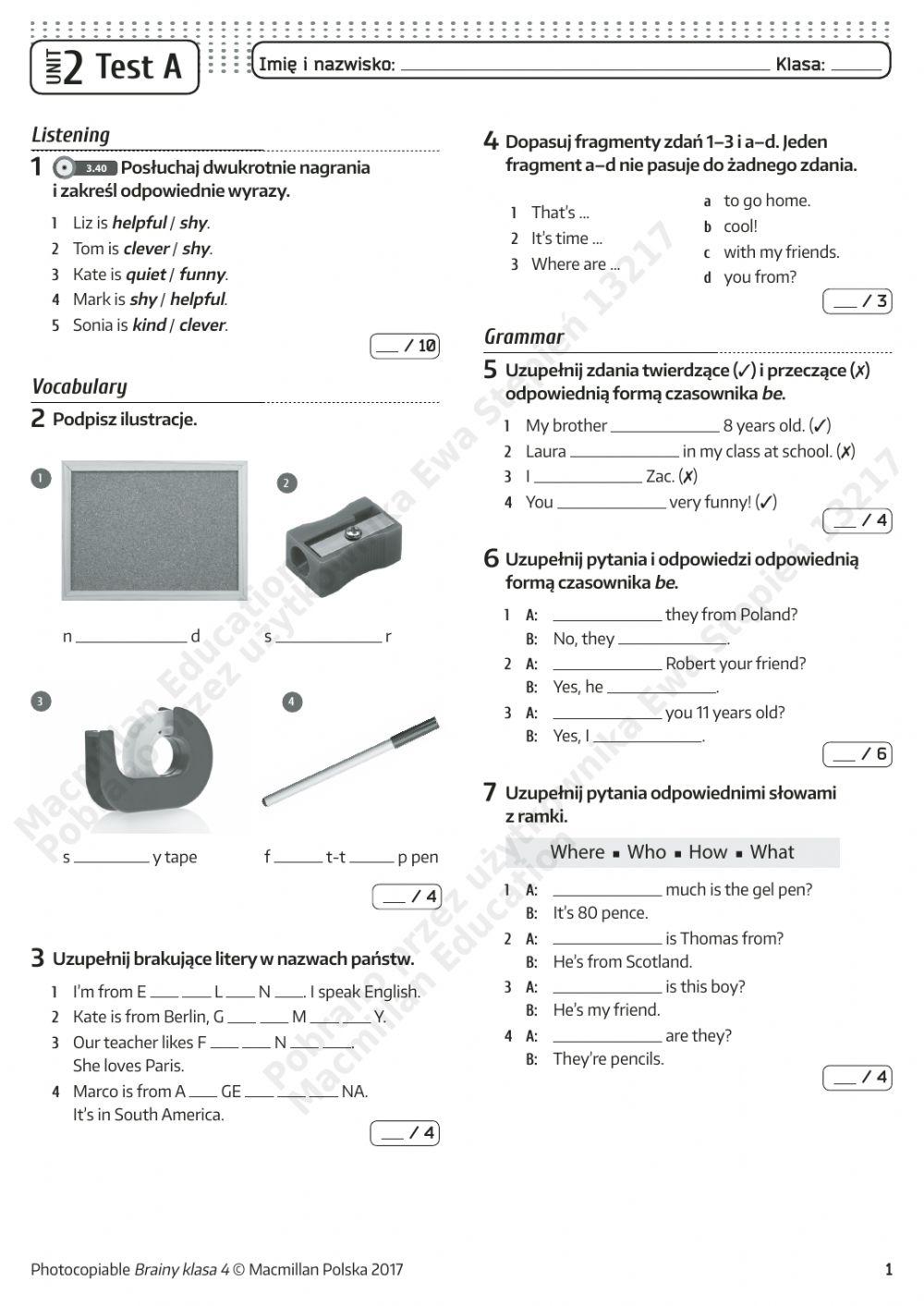 Brainy Klasa 4 Testy 4434045 | Brainy 4 Unit 2 Test | ewa_stepien