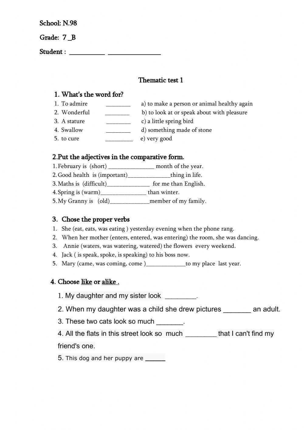 Grade 7 English Test With Answers