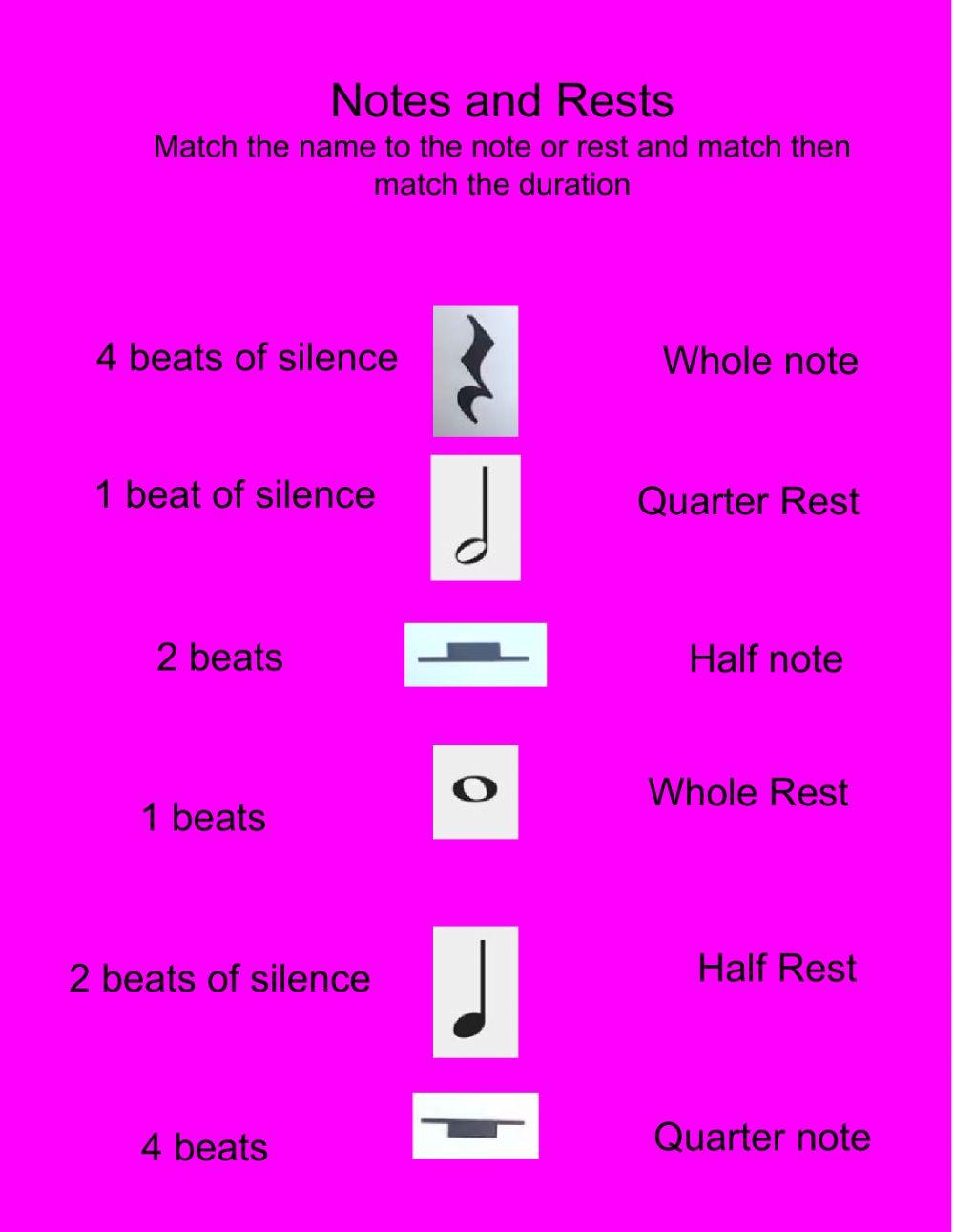 Quarter note, Half note & Whole note matching