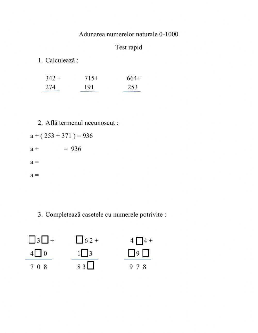 Adunarea numerelor 0-1000