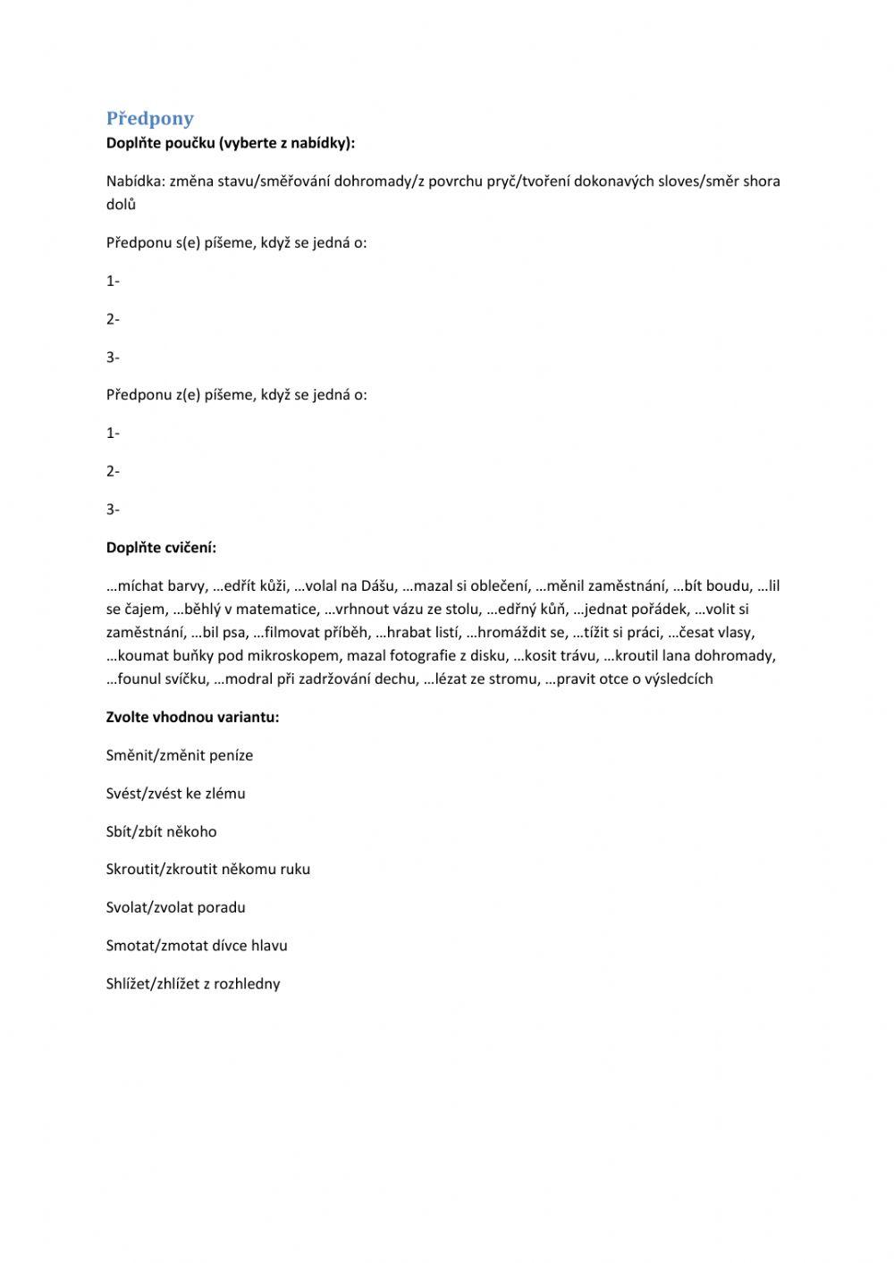 Pracovní list - předložky a předpony s-z