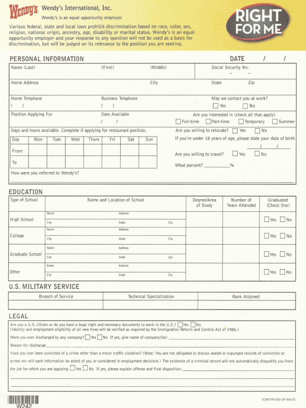 Wendy's Job Application Wendy's Job Application