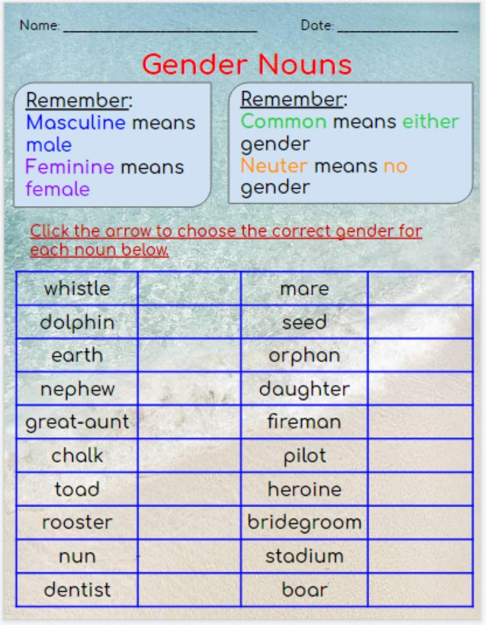 Gender Nouns Sort Worksheet Live Worksheets