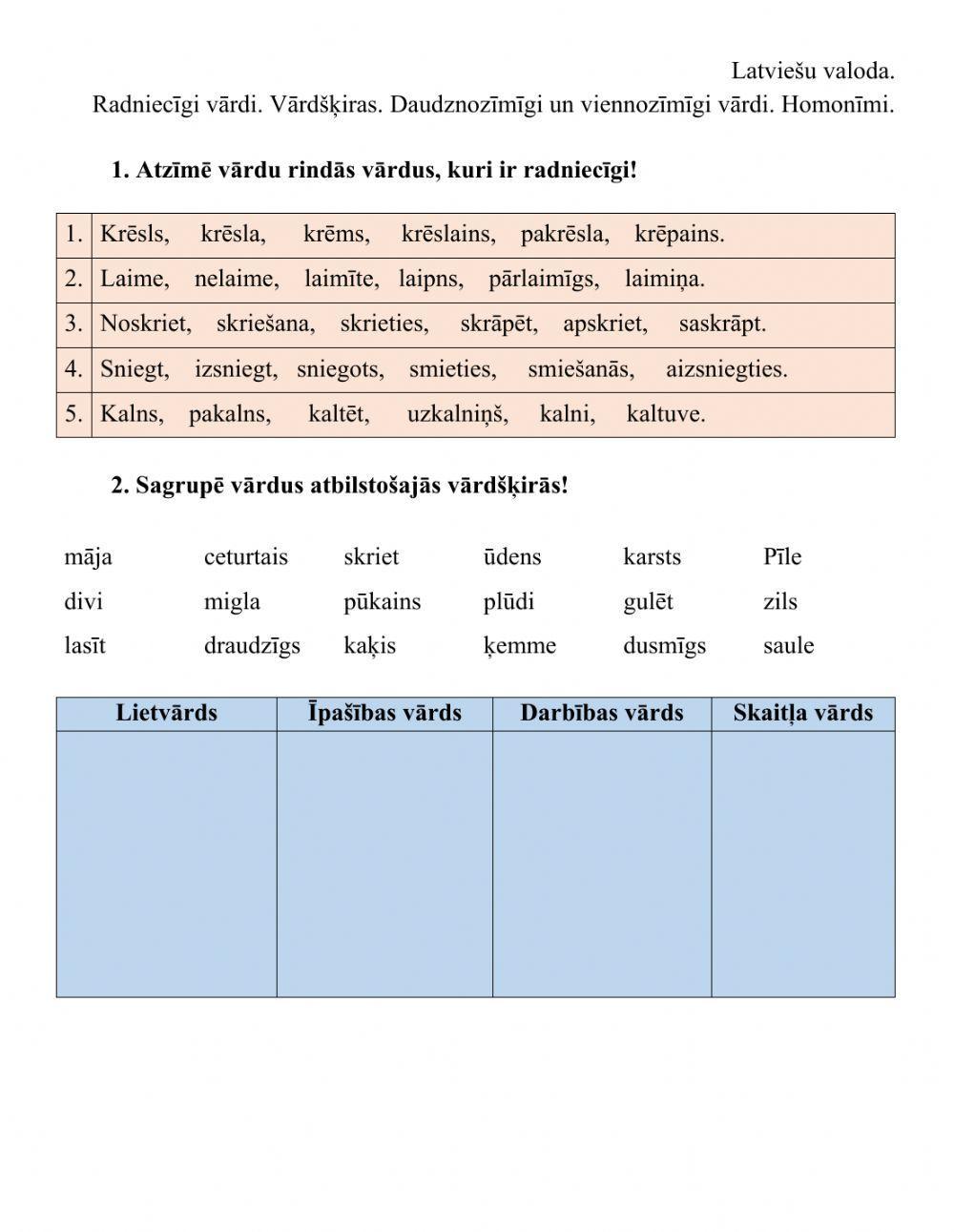 Radniecīgi vārdi. Vārdšķiras. Viennozīmīgi un daudznozīmīgi vārdi. Radniecīgi vārdi. Vārdšķiras. Viennozīmīgi un daudznozīmīgi vārdi.