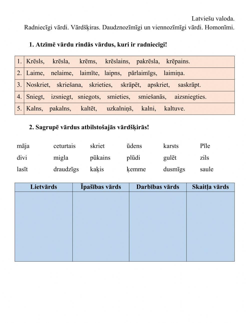 Radniecīgi vārdi. Vārdšķiras. Viennozīmīgi un daudznozīmīgi vārdi.