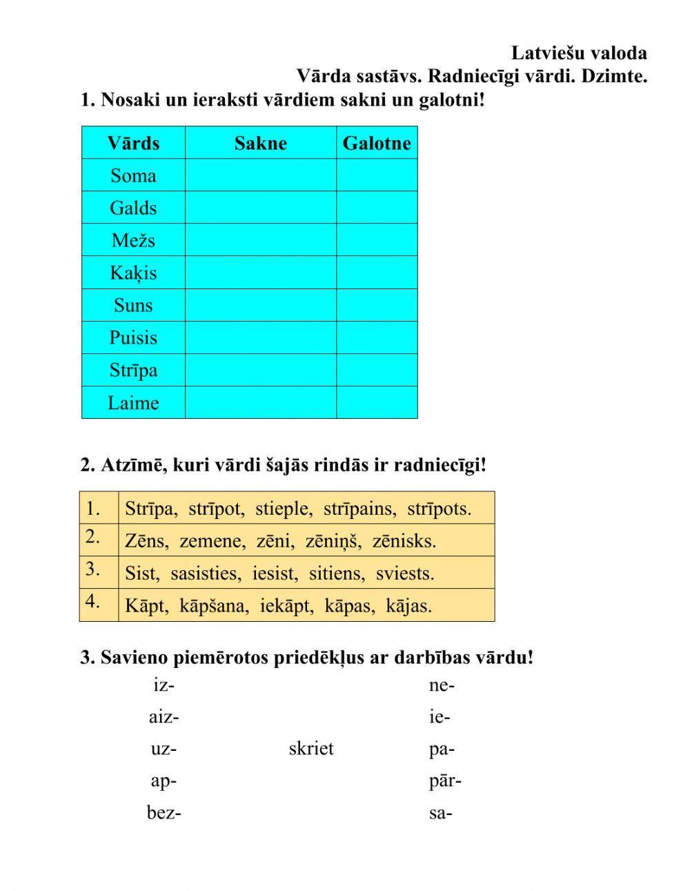 Vārda sastāvs. Radniecīgi vārdi. Dzimte.