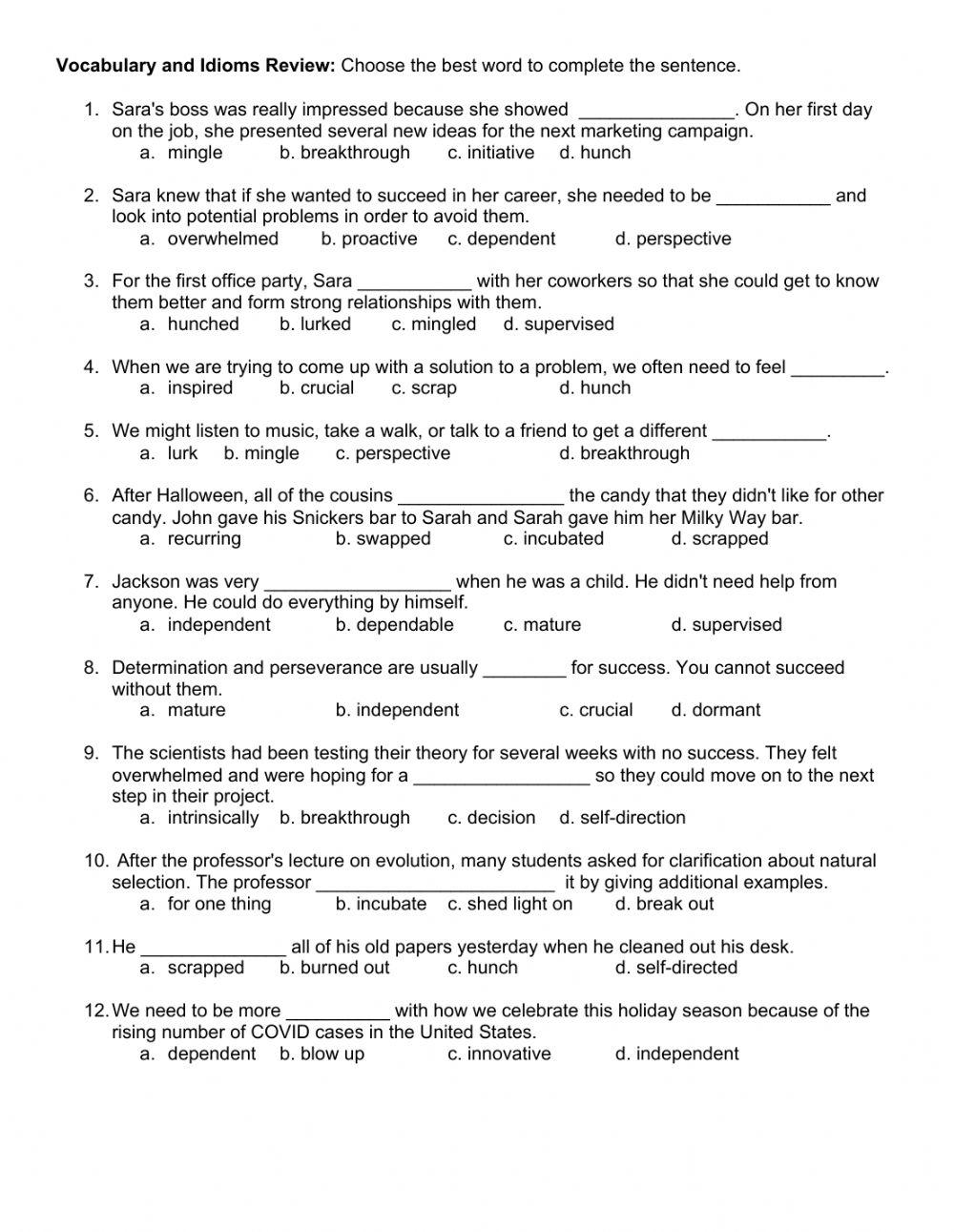 November Vocabulary and Idioms Review