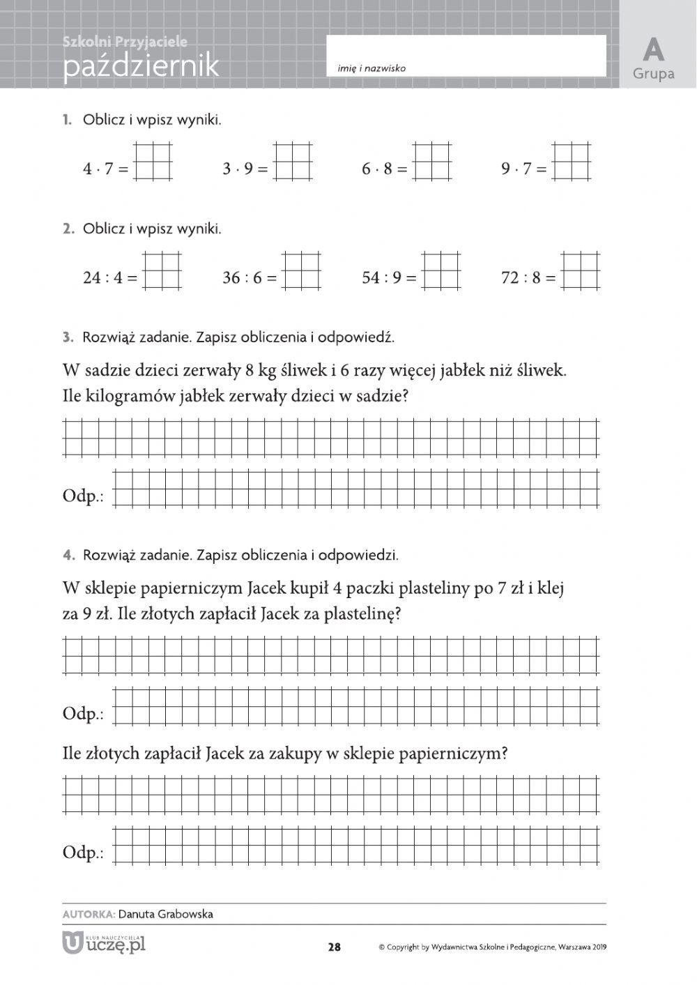 Sprawdziany Z Matematyki Klasa 4 Do Druku Sprawdzian-matematyka październik | Jolanta Letkiewicz