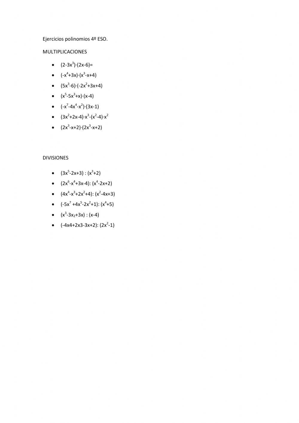 Ejercicios polinomio 4 eso