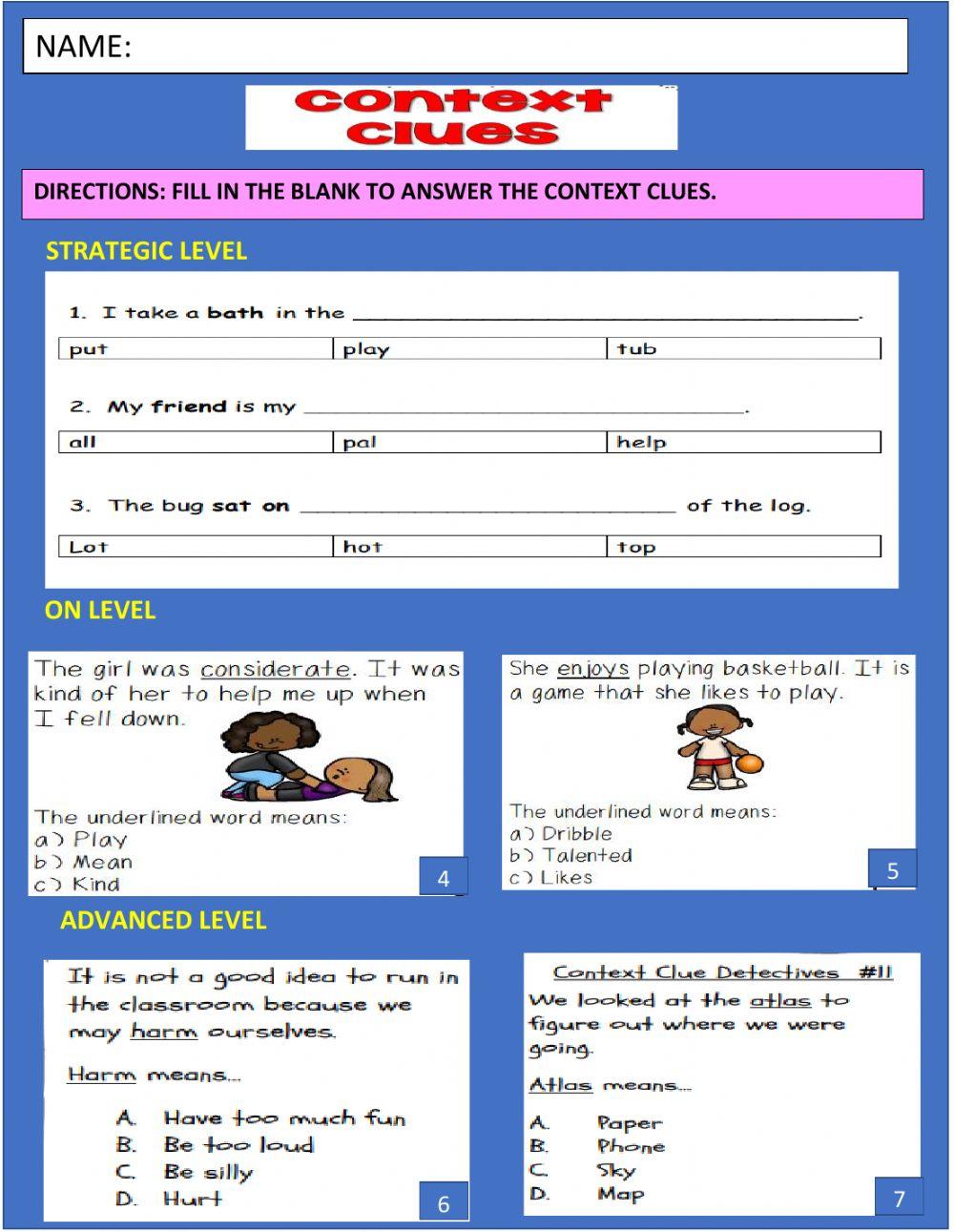 Context clues worksheet