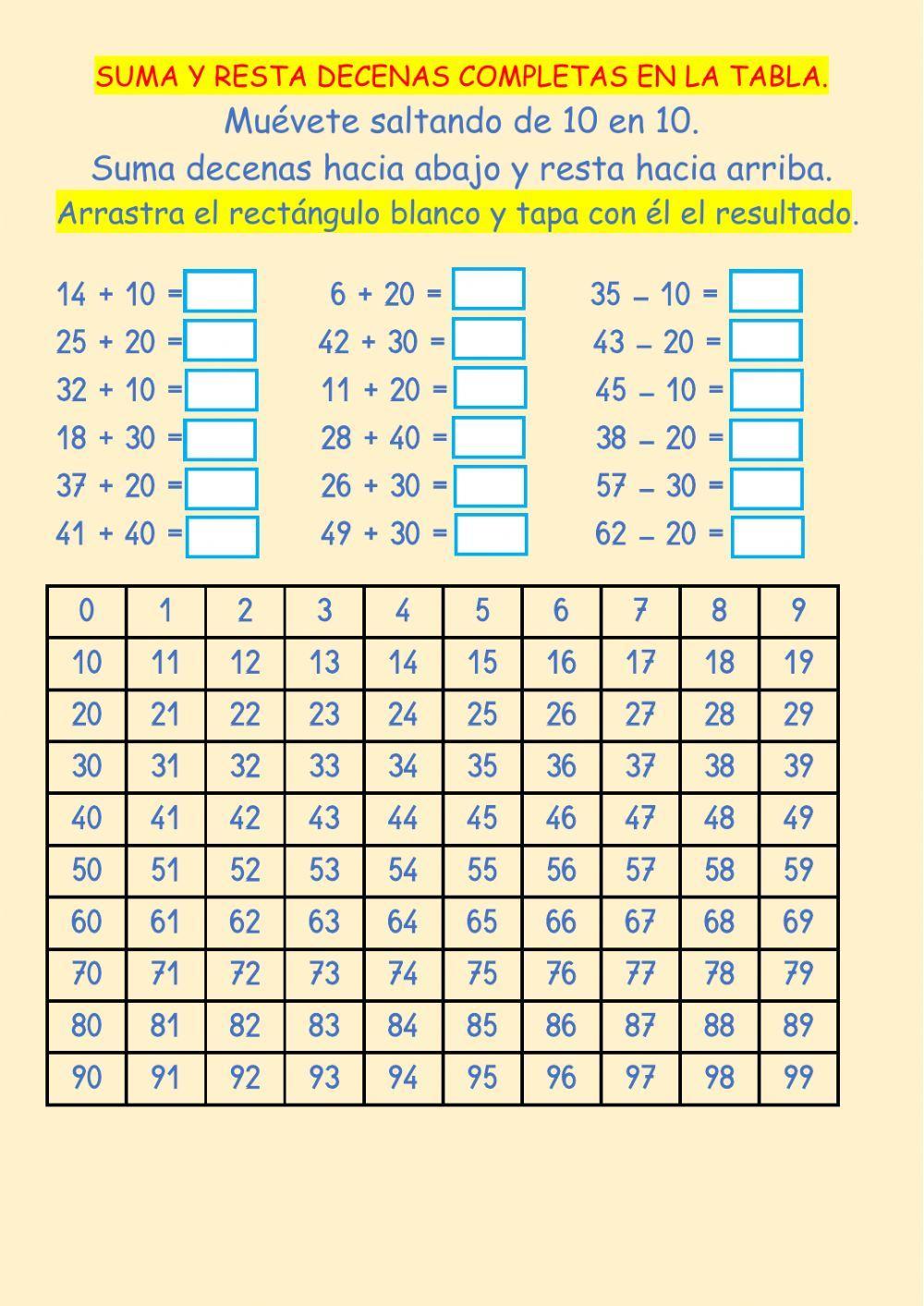 Suma y resta de decenas completas en la tabla Suma y resta de decenas completas en la tabla