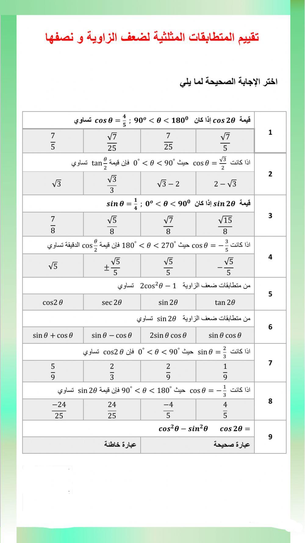 المتطابقات المثلثية لضعف الزاوية ونصفها