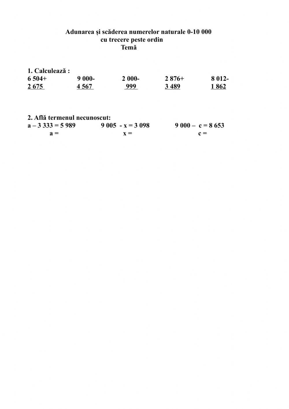 Adunarea și scăderea numerelor naturale 0-10 000